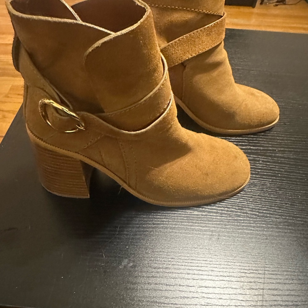 See bu Chloe Tan Suede Ankle Boots with Gold Buckle size 39